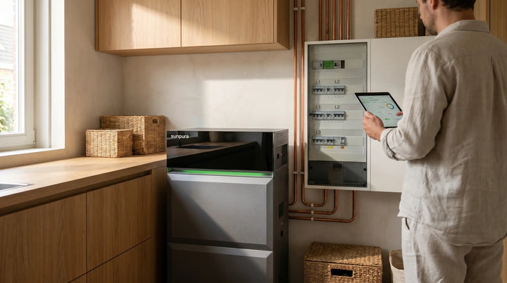 Moderne Nederlandse meterkast met faseverdeling en thuisbatterij