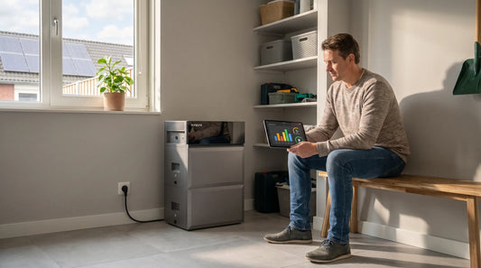 Sunpura_S2400_plug-in_thuisbatterij_in_een_Nederlandse_woning_met_bewoner_die_energieverbruik_en_zonnepanelen_op_een_tablet_bekijkt